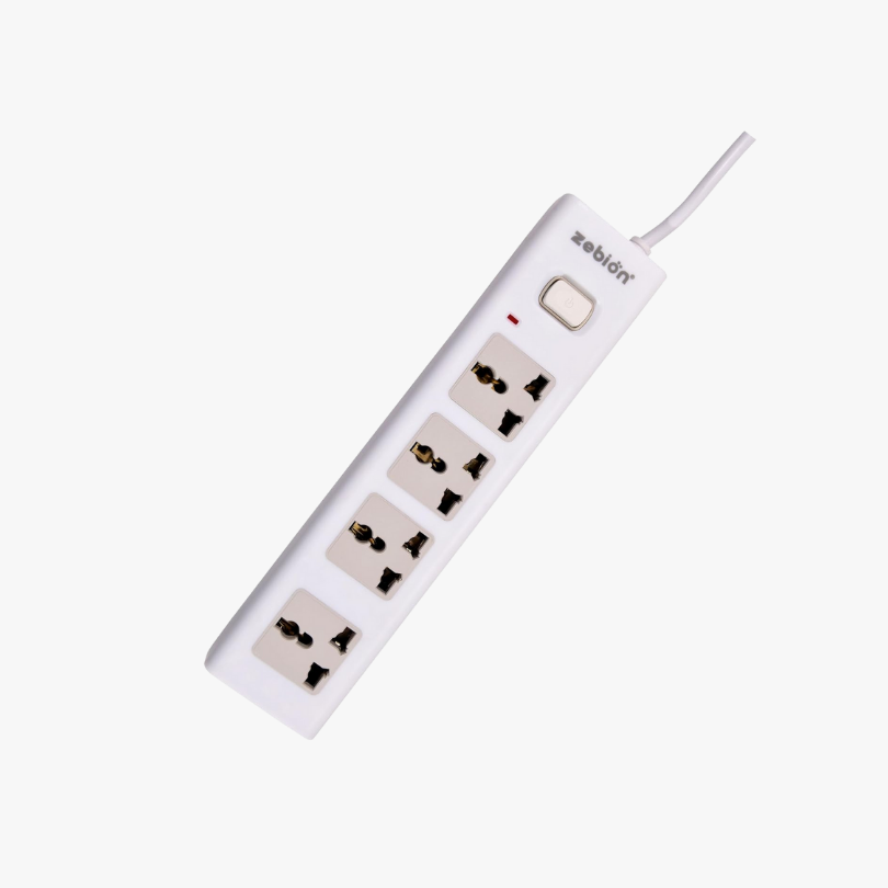Zebion Safedash Extension Board with 4 Universal Sockets, 5-Meter Cord, Surge Protection (White)